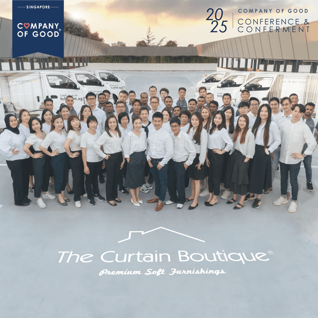 The Curtain Boutique team standing together in celebration of being awarded as a 2025 Company of Good in Singapore.