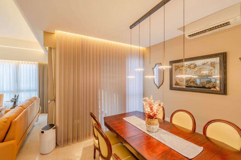 Beige smart curtain in a warm lit dining area