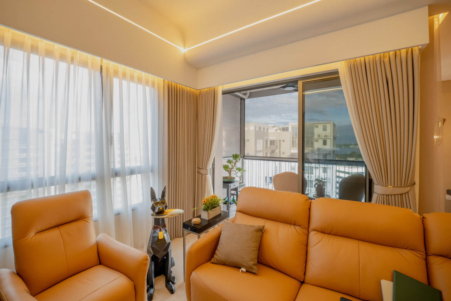 Sheer day curtains with a warm night curtains nestled with a curtains pelmet with LED lights