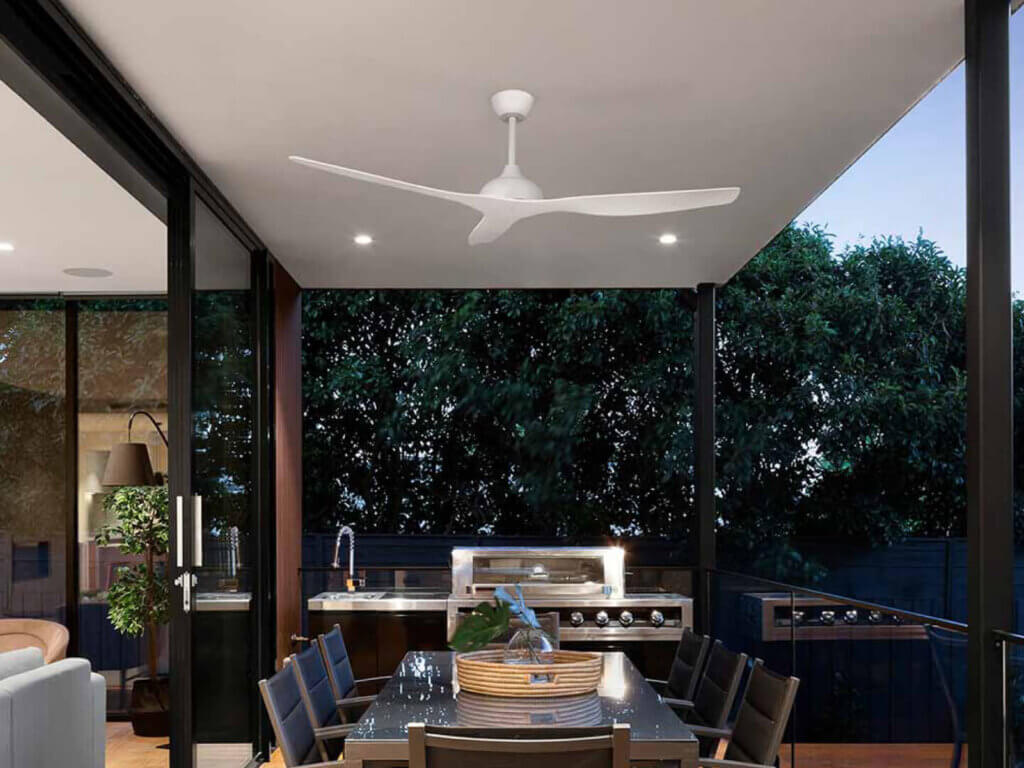 bungalow patio with white false ceiling roofing with outdoor fan installed