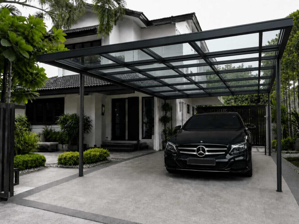 landed property car porch with clear glass roofing
