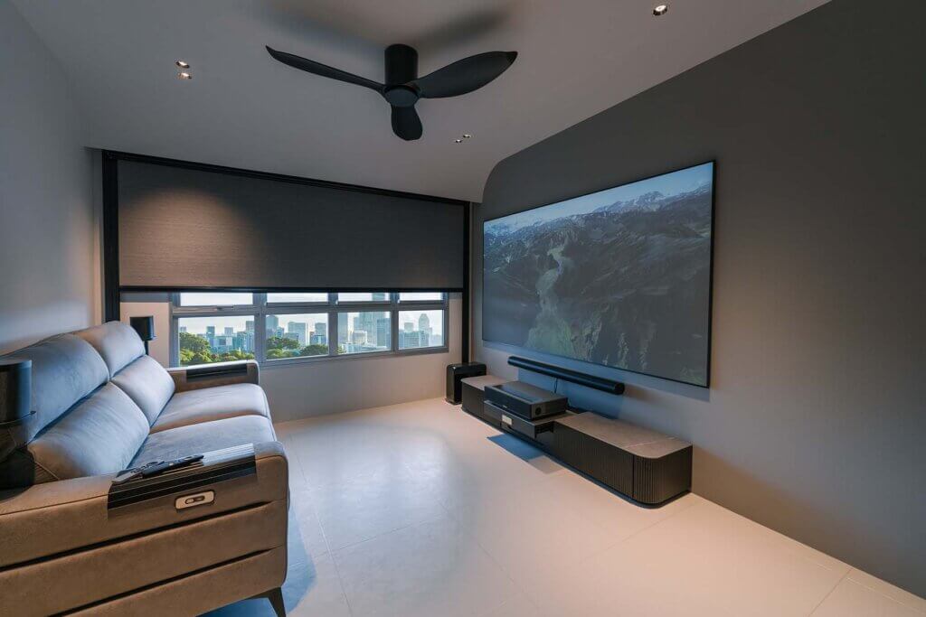 Blackout Ziptrak Interior installed by The Curtain Boutique in a Singapore living room for movie time