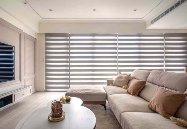 grey combi blinds in modern living room grey combi blinds on large windows in a modern living room