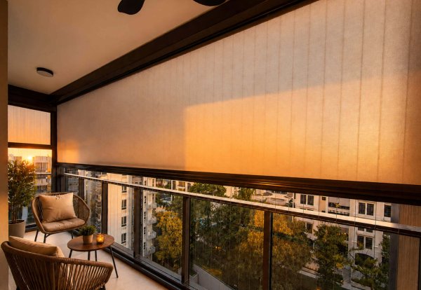 Ziptrak RainOut Acoustic Frosted Fabric in Singapore Condo Balcony with Invisible Grilles The Curtain Boutique installed Ziptrak® outdoor blinds with RainOut® Acoustic fabric installed on a Singapore balcony for noise and rain protection