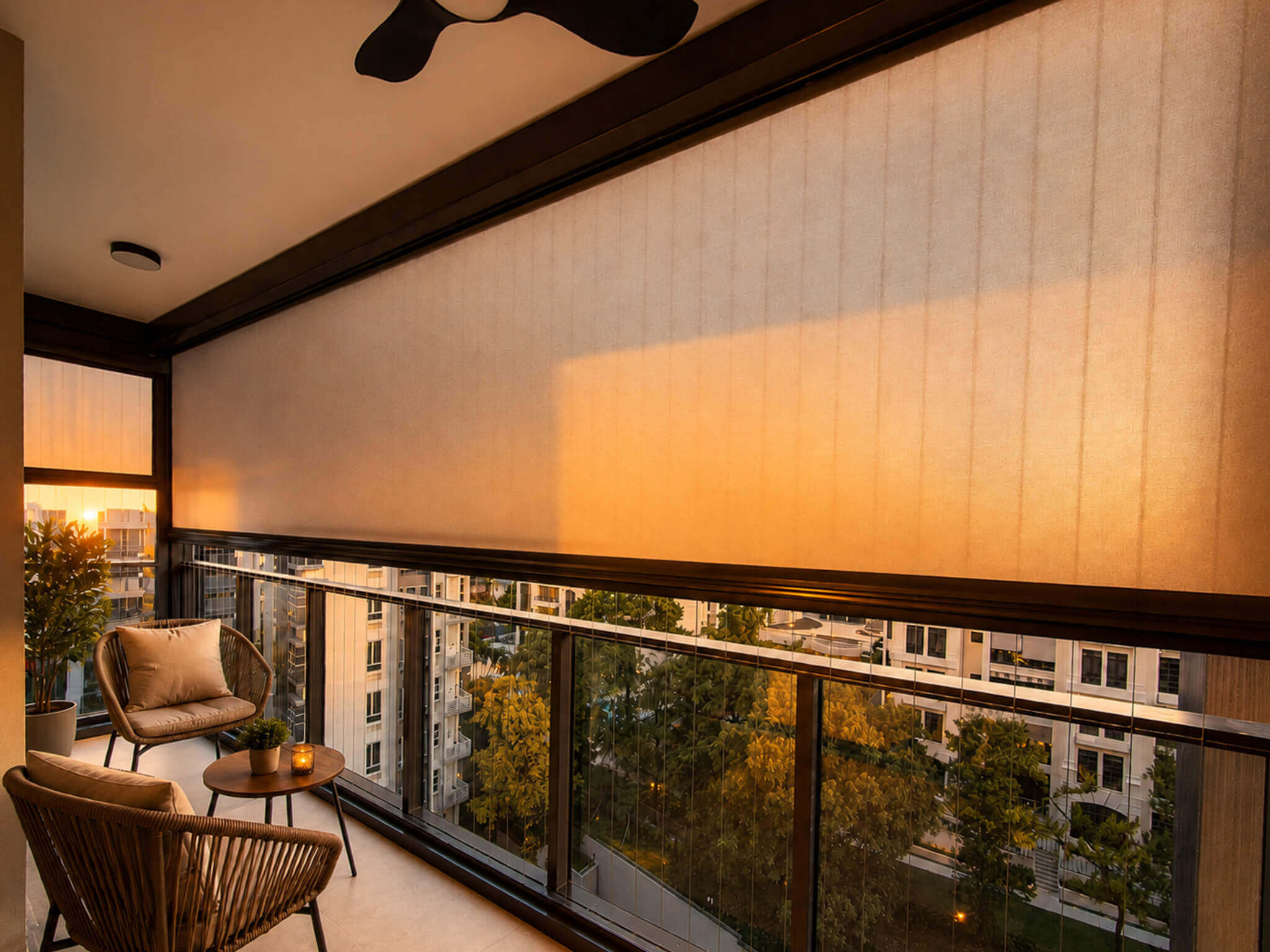 The Curtain Boutique installed Ziptrak® outdoor blinds with RainOut® Acoustic fabric installed on a Singapore balcony for noise and rain protection
