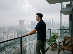 Track-guided Ziptrak outdoor blinds installed on a high-rise Singapore condo balcony blocking haze and rain.