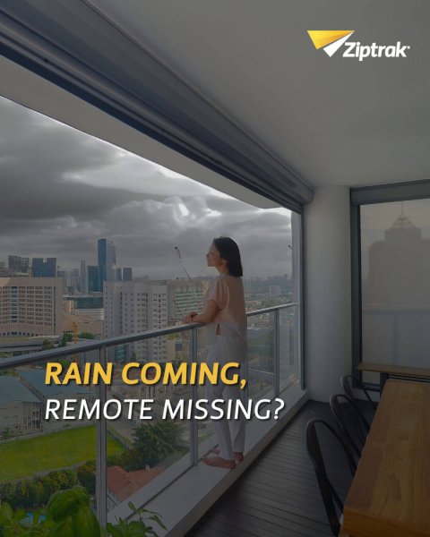 A woman on her Singapore condo balcony looking out at an approaching storm, with the text asking 'Rain Coming, Remote Missing?', illustrating a common scenario for Singaporean homeowners and the need for Ziptrak's manual override feature.